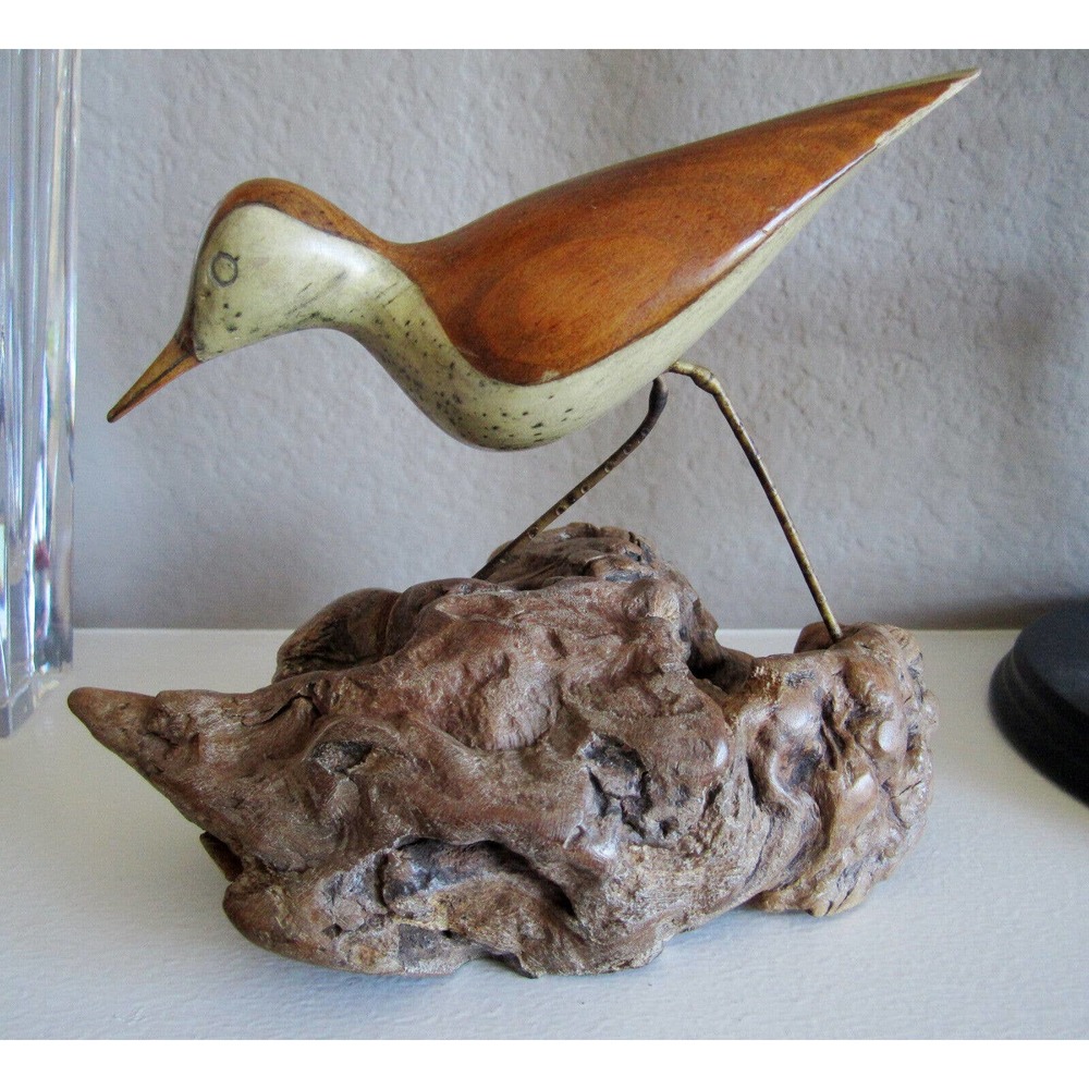 Charming mid-century wood sandpiper sculpture on burl by Jack Francis signed